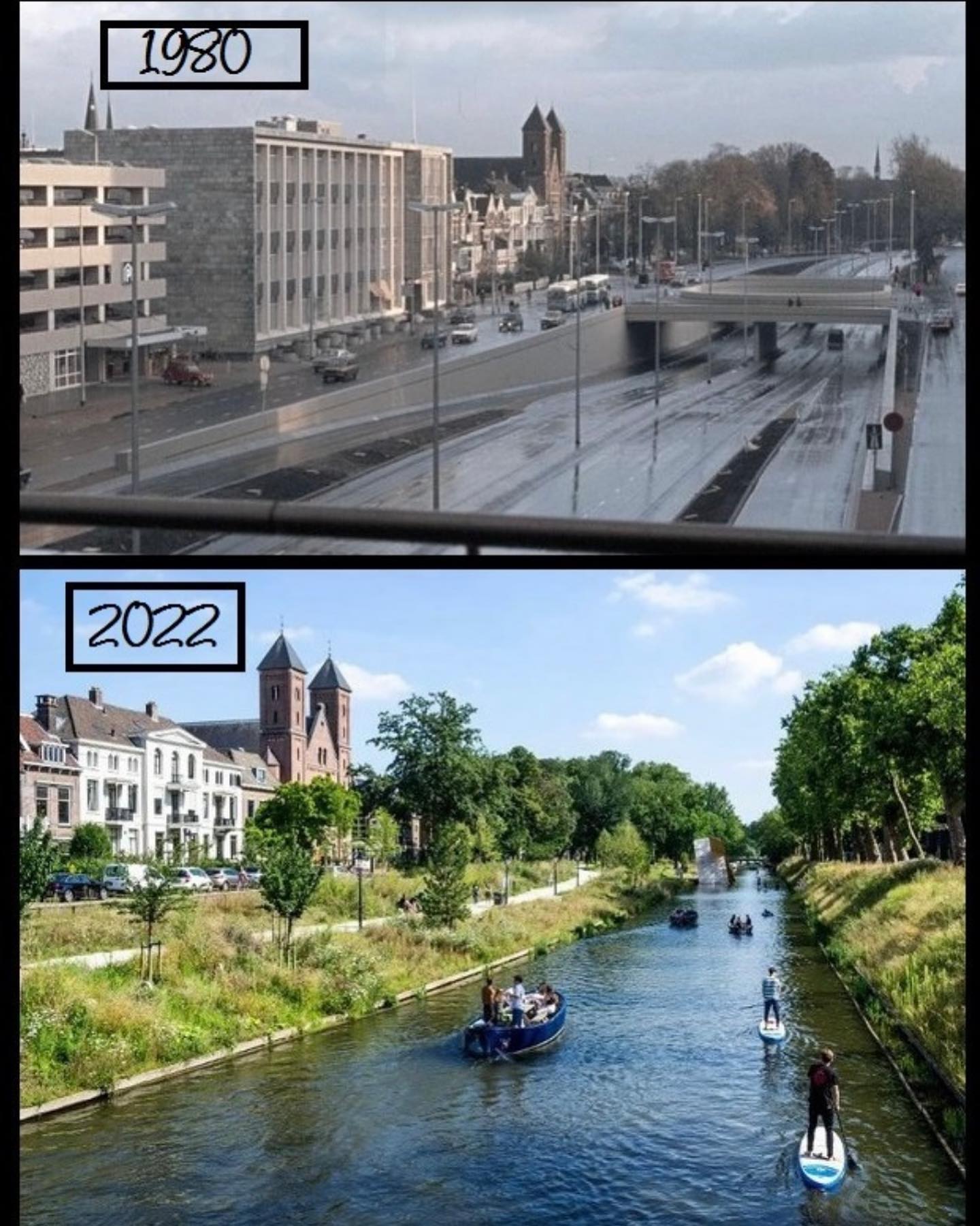The meme is a before-and-after comparison of a city's transportation system. The top image, labeled "1980", shows a busy highway with multiple lanes of traffic, while the bottom image, labeled "2022", shows a peaceful canal with people paddling or standing on boards. The contrast between the two images is meant to be humorous and satirical, implying that the city has become more... "water-ious" over time.